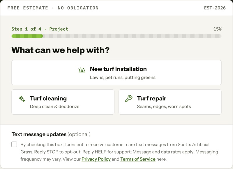 The free estimate form as it first loads, with the unchecked Text message updates box and its wording at the bottom