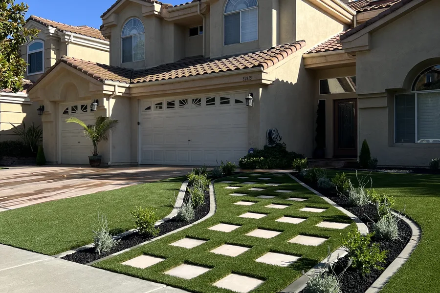 Checkerboard entry · pavers and turf squares