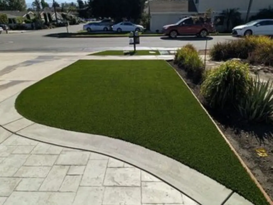 Finished front-yard turf curving along a sidewalk